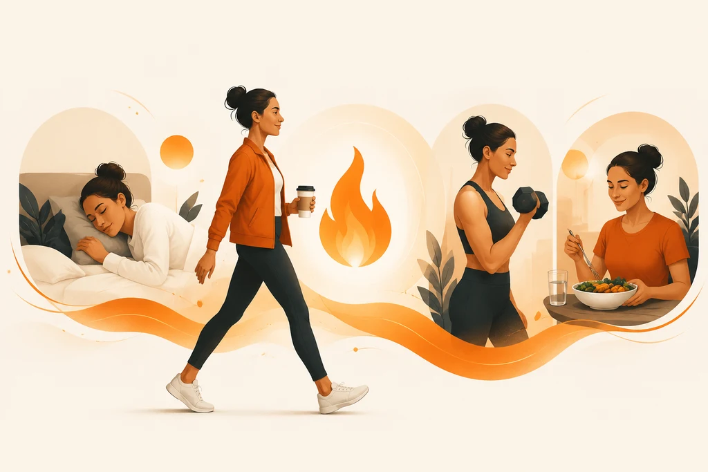 Illustration of the components of daily energy burn: resting metabolism, movement, exercise, and digestion
